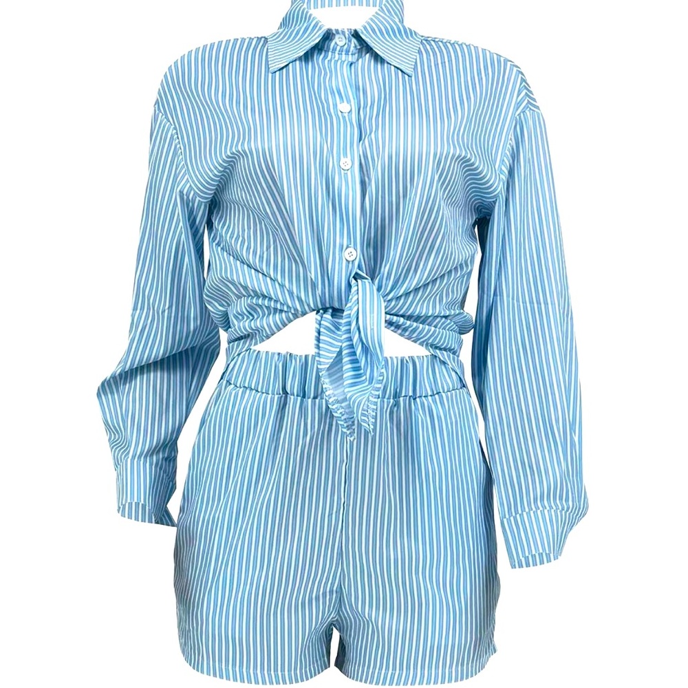 Women's Striped Print Pocket Split Hem Shorts Set, Women's 2 Piece Sets,